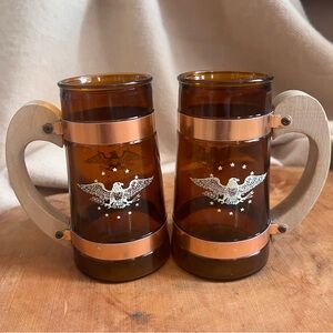 Vintage Siesta Ware Amber Glass Patriotic Eagle Wooden Handle Mug Stein SET OF 2